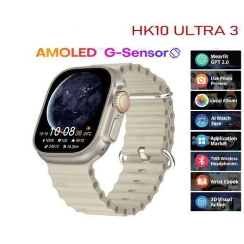 HK ساعة ذكية -HK10 Ultra 3- مع دعم لغات متعددة ومقاومة الماء 10 ATM - رمادي