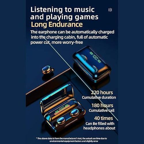 سماعات ألعاب داخل الأذن لاسلكية F9-5C TWS بلوتوث 5.0 سماعات أذن ذكية قابلة للشحن مع ميكروفون، لون أسود